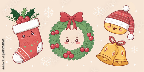 Vector illustration of christmas  illustration of christmas stocking wreath hat and bells with faces