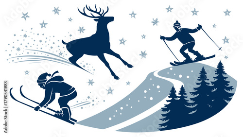 Winter scene with skiers, a leaping reindeer, snowflakes, and pine trees on a snowy mountain side