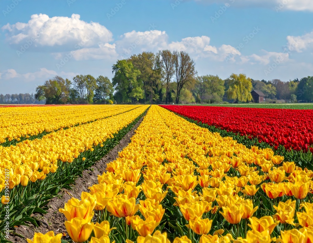Fototapeta premium Rows of vibrant yellow and red tulips stretch toward distant trees under a blue sky.