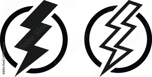 Lightning Bolt Icon Set. Power, Energy, and Speed Symbols. Fast Charge and Critical Alert sign. High Voltage and Danger Warning Icons collection