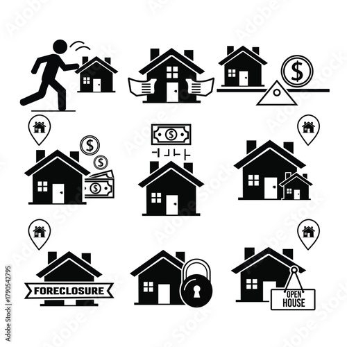 Set of nine bold black house icons representing various real estate, banking, and home finance concepts.