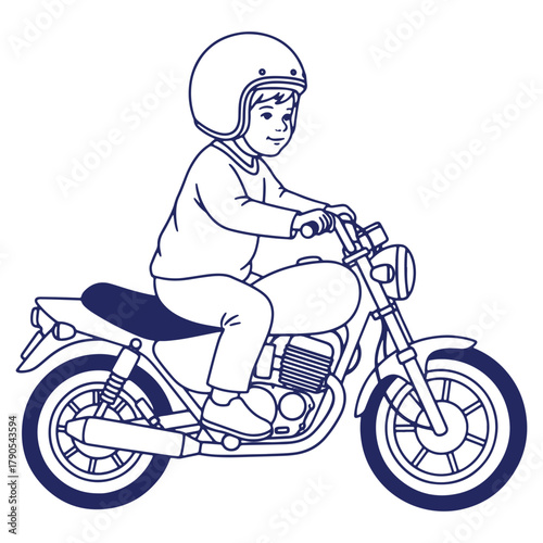 Little boy riding his motorcycle wearing a helmet adventure and imagination exploring the world on two wheels illustration vector design
