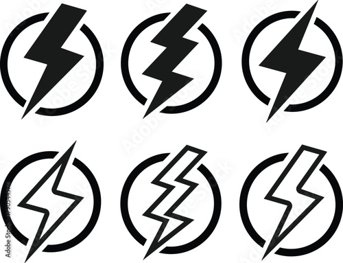 Lightning Bolt Icon Set. Power, Energy, and Speed Symbols. Fast Charge and Critical Alert sign. High Voltage and Danger Warning Icons collection