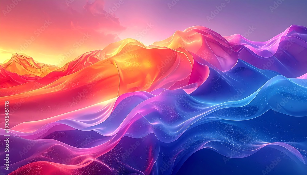 Obraz premium Dreamy, flowing abstract waves transition from warm orange/pink to cool blue/purple under a vibrant sunset sky