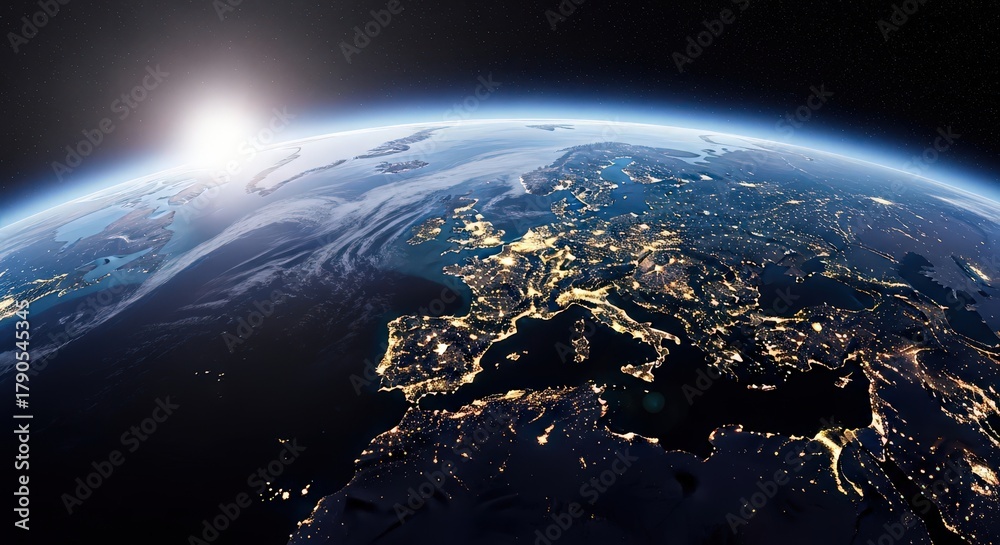 Fototapeta premium Earth from space at sunrise, europe illuminated at night