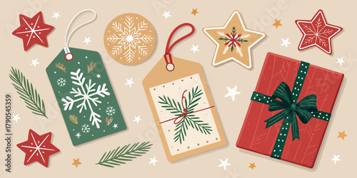 Vector illustration of christmas  festive christmas gift with tags and star shaped cookies design