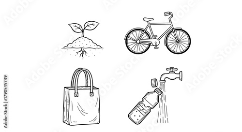 Eco-friendly icons representing sustainability and green lifestyle  plant ,cycling, paper bag,, water Regenerative Agriculture icon set