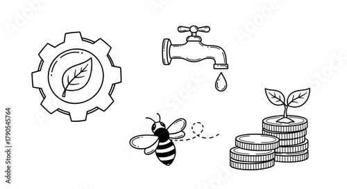 Environmental icons depicting sustainability and economic growth  ESG & Sustainable Metrics icon set. 