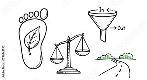 Environmental symbols illustrating sustainability, balance, and pathways  ESG & Sustainable Metrics icon set. 