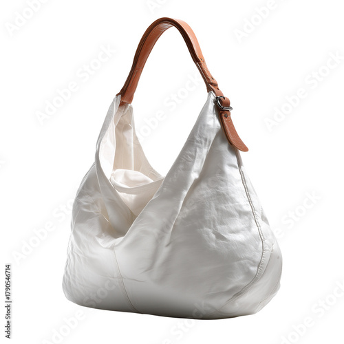 Stylish white leather hobo bag with brown leather strap isolated on transparent background