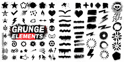 Collection of black grunge graphic design elements and icons with distressed textures