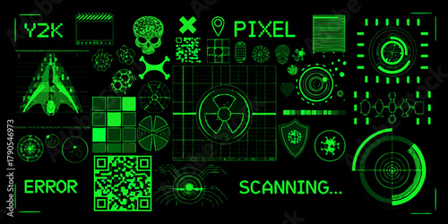 Futuristic digital interface with y2k elements qr code skull and scanning graphics
