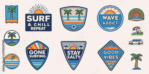 Collection of retro surf and beach themed patches with palm trees ocean waves and inspirational phrases