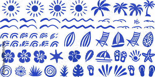 Collection of hand drawn blue summer beach icons and symbols on white background