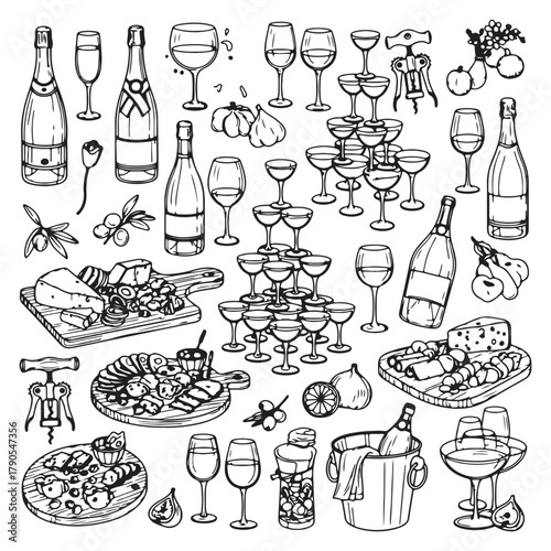 Hand-Drawn Wine & Cheese Vector – Doodle Ink Sketch of Charcuterie Board for Parties