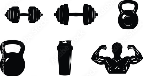 Illustration of silhouette of gym equipment and bodybuilder isolated on white background