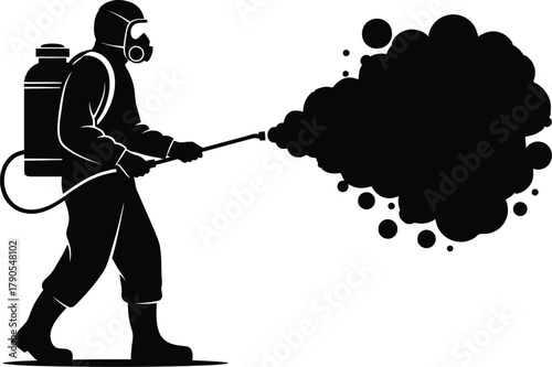 Illustration of silhouette of a man in protective suit spraying pesticide isolated on white background