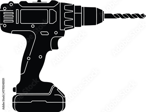 Illustration of black silhouette of a cordless drill isolated on white background