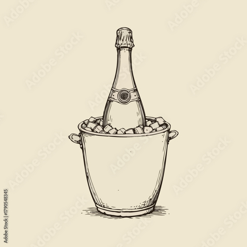 Champagne bottle in an ice bucket, elegant and refreshing, on a light background.