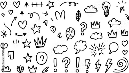 Seamless pattern design with cartoon skulls and cats, a vector set of hand drawn food icons and symbols