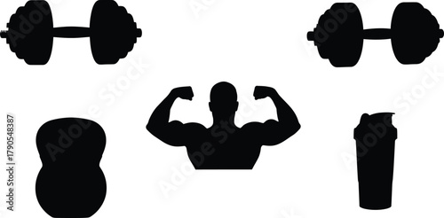 Illustration of silhouette of bodybuilder, dumbbells, kettlebell and shaker isolated on white background