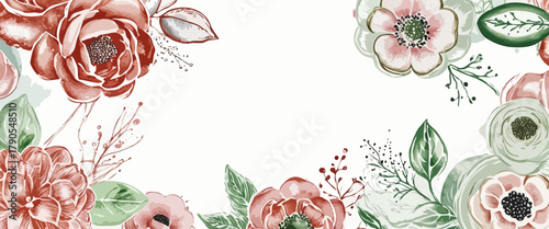 Floral arrangement with various flowers and leaves, elegant and romantic, on a light background with copy space