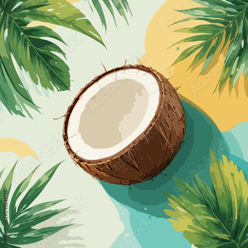 Half coconut with tropical palm leaves on abstract sand and sea summer background