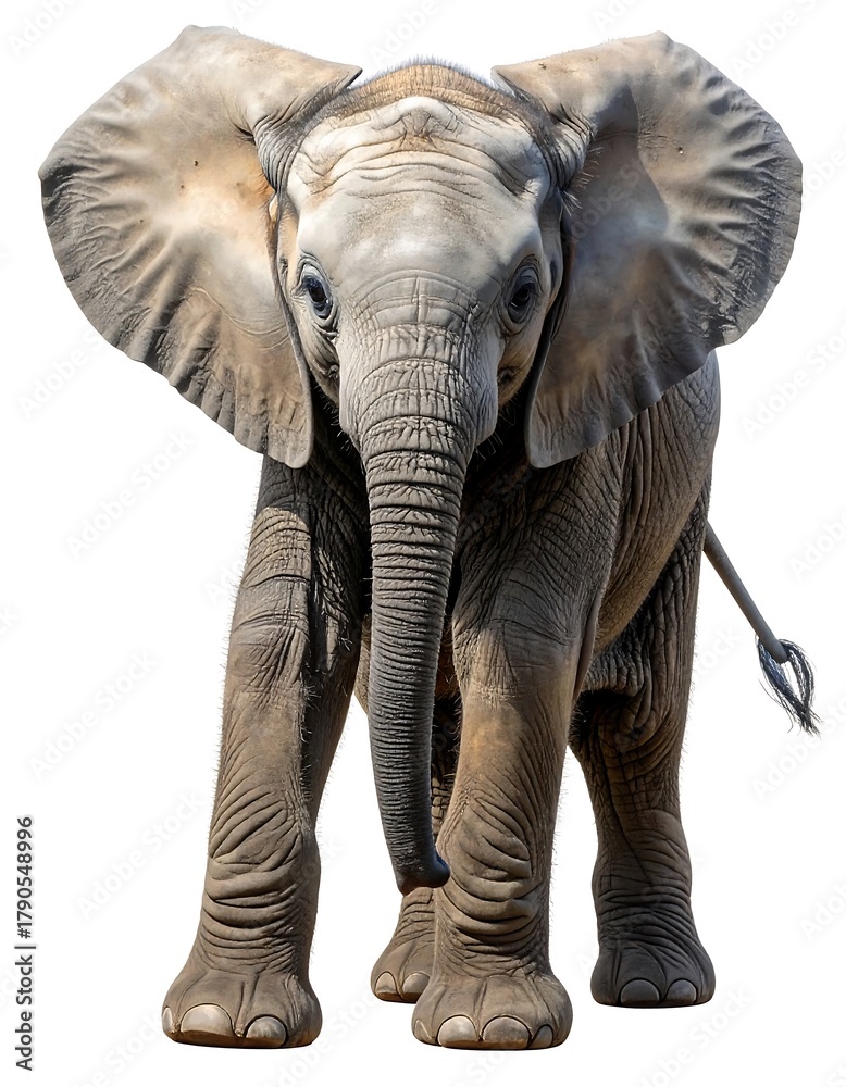 Fototapeta premium An inquisitive young elephant stands on a white background.