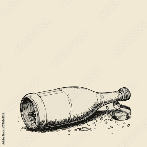 Champagne bottle on its side with a cork and ribbon, elegant and artistic, on a light background.
