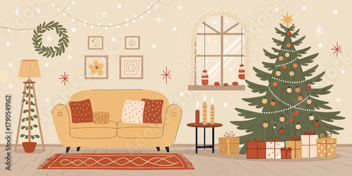 Vector illustration of christmas  christmas themed living room with tree sofa and decorative items