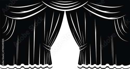 Illustration of elegant black and white curtains open to reveal a bright white background