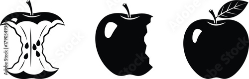 Illustration of black and white illustration of an apple in three stages of being eaten