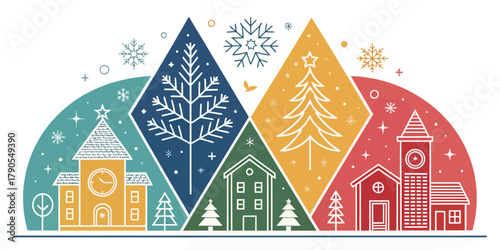 Vector illustration of christmas  festive winter village scene with christmas trees and snowflakes art