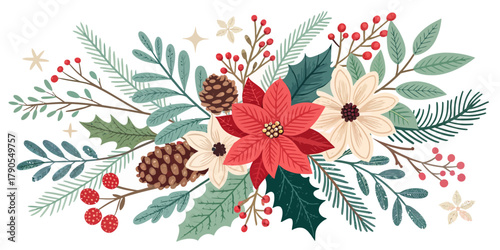 Vector illustration of christmas  festive floral arrangement with poinsettias and pine cones design