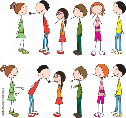 A vector illustration showing cartoon children playing a transfer game with a candy ring and toothpicks