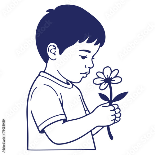 Young boy holding a flower in his hands expressing innocence and purity in a minimalist style illustration