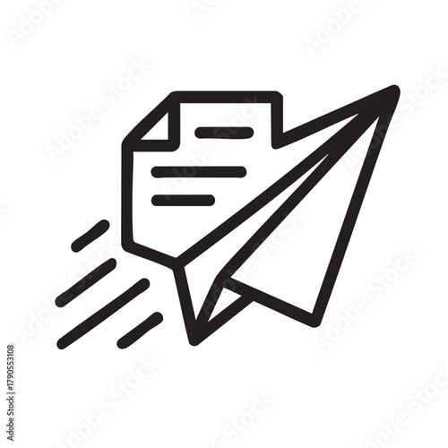 A simple black and white illustration depicts a folded paper airplane taking flight symbolizing ideas and creativity