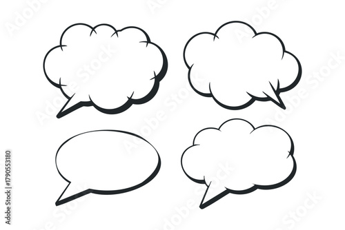 Four black outline speech bubble shapes on white background