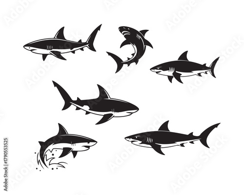 shark silhouette, shark vector, shark collection, shark set, great white shark, hammerhead shark silhouette, swimming shark, hunting shark illustration, shark logo design, shark icon set