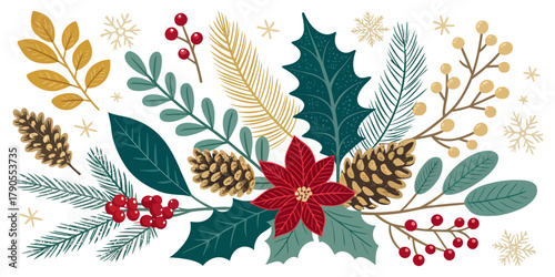 Vector illustration of christmas  illustration of poinsettia flower with pinecones and winter foliage