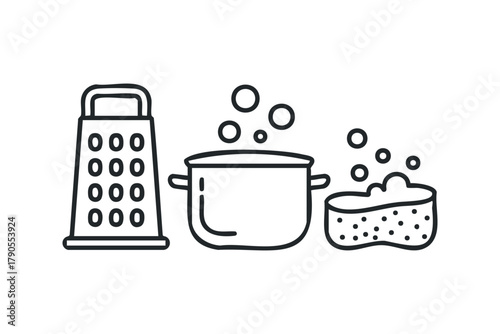 Kitchen pot with bubbles and cleaning sponge