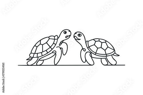 Two cartoon turtles facing each other on a white background