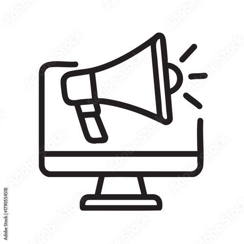 A simple black and white line drawing depicts a computer monitor with a megaphone projecting sound from it