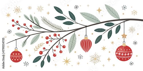 Vector illustration of christmas  illustration of christmas ornaments hanging from a decorative branch