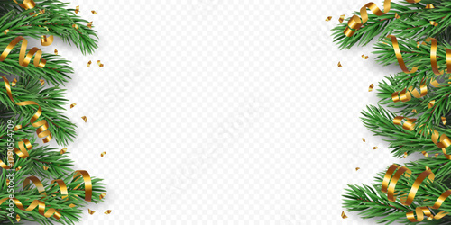 Vector frame with realistic pine tree branches, golden confetti and ribbons isolated on a transparent background. Holiday Christmas tree border garland for winter decoration banner, poster, greeting c