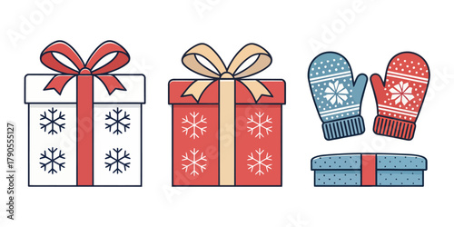 Vector illustration of christmas  festive holiday gifts and winter mittens with snowflake patterns