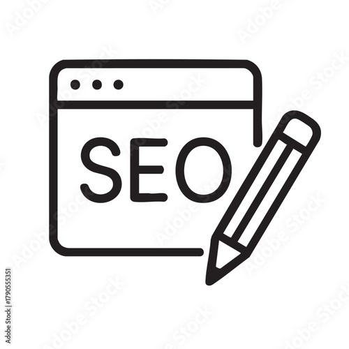 A simple line drawing depicts seo optimization with a pencil and a computer screen visible