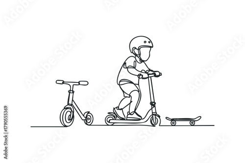 Child riding scooter next to kick scooter and skateboard