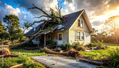 Damaged house after storm, fallen tree on roof. Rural scene, sunlit clearing, cloudy sky. Aftermath of weather event