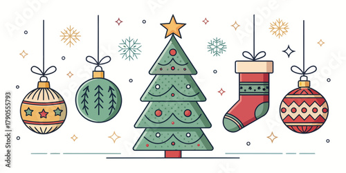 Vector illustration of christmas  illustration of a christmas tree with ornaments and a stocking hung up